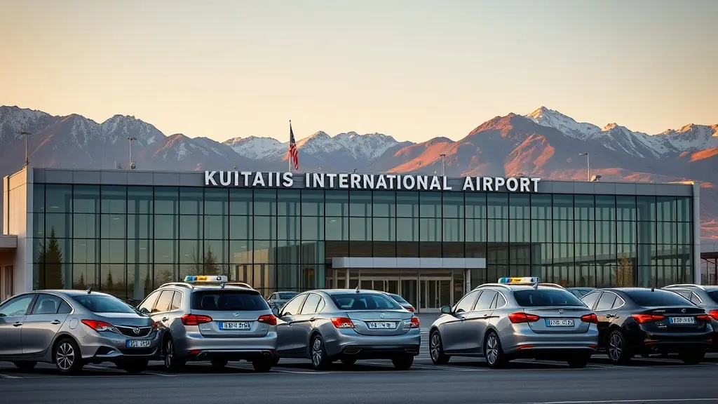David the Builder Kutaisi International Airport terminal with rental cars parked outside
