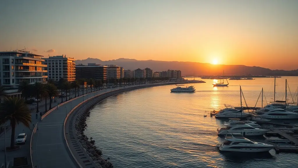 Batumi waterfront promenade on the Black Sea coast at sunset, with palm trees and harbor