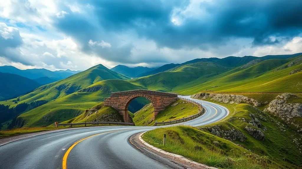Winding asphalt road through Caucasus mountains in Georgia with stone bridge