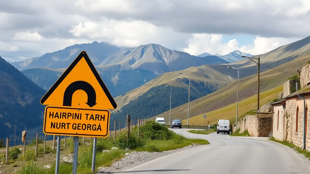 Road signs in Georgia with Latin and Georgian script on a rural mountain road