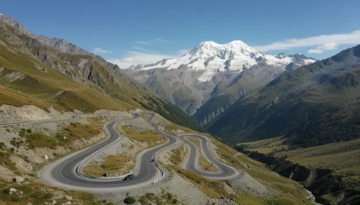 Winding switchbacks of the Georgian Military Highway climbing toward snow-capped Mount Kazbek near Gudauri