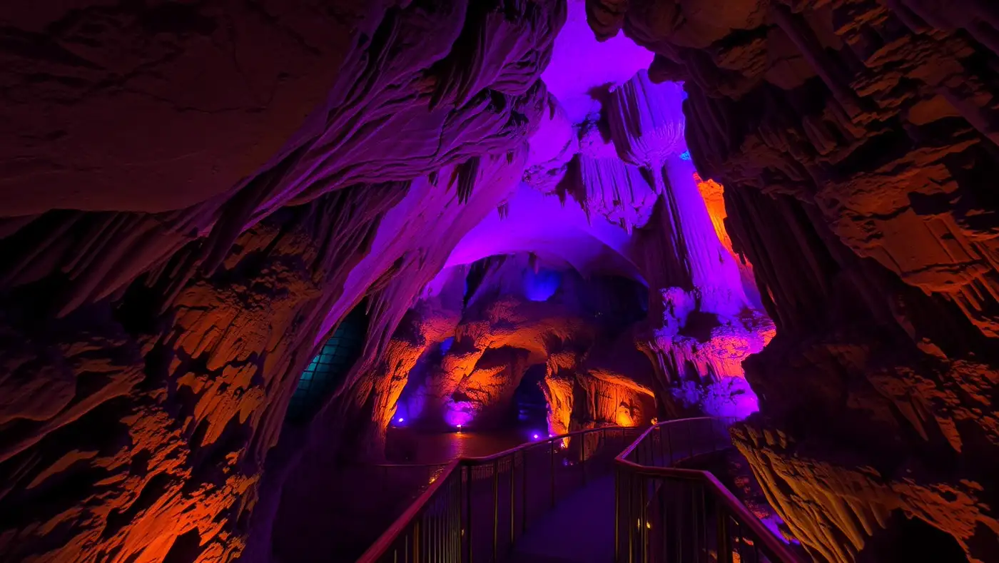 Prometheus Cave interior with colorful stalactites and walkway