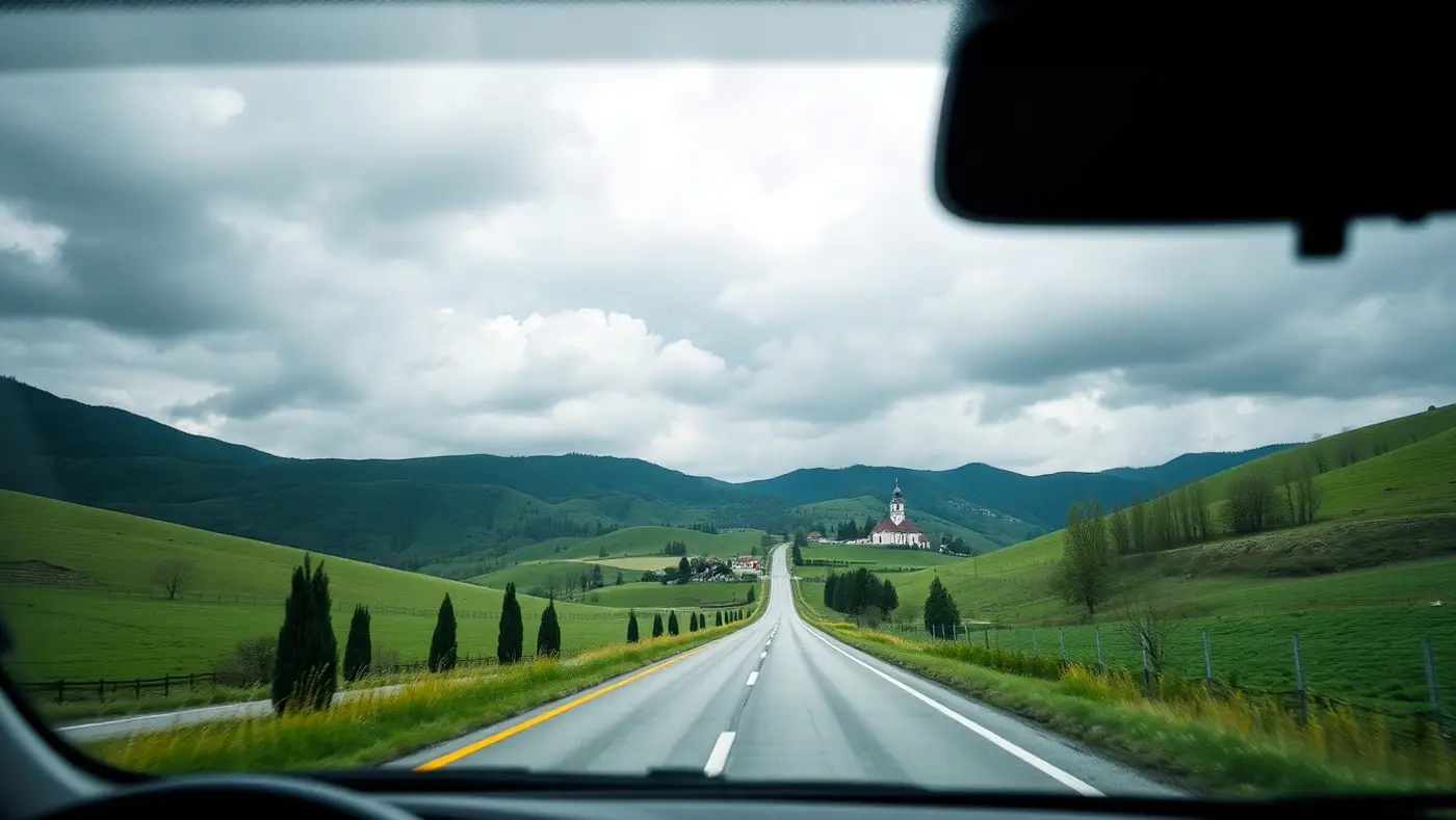 View through a car windshield of a scenic Georgian highway with green hills and village